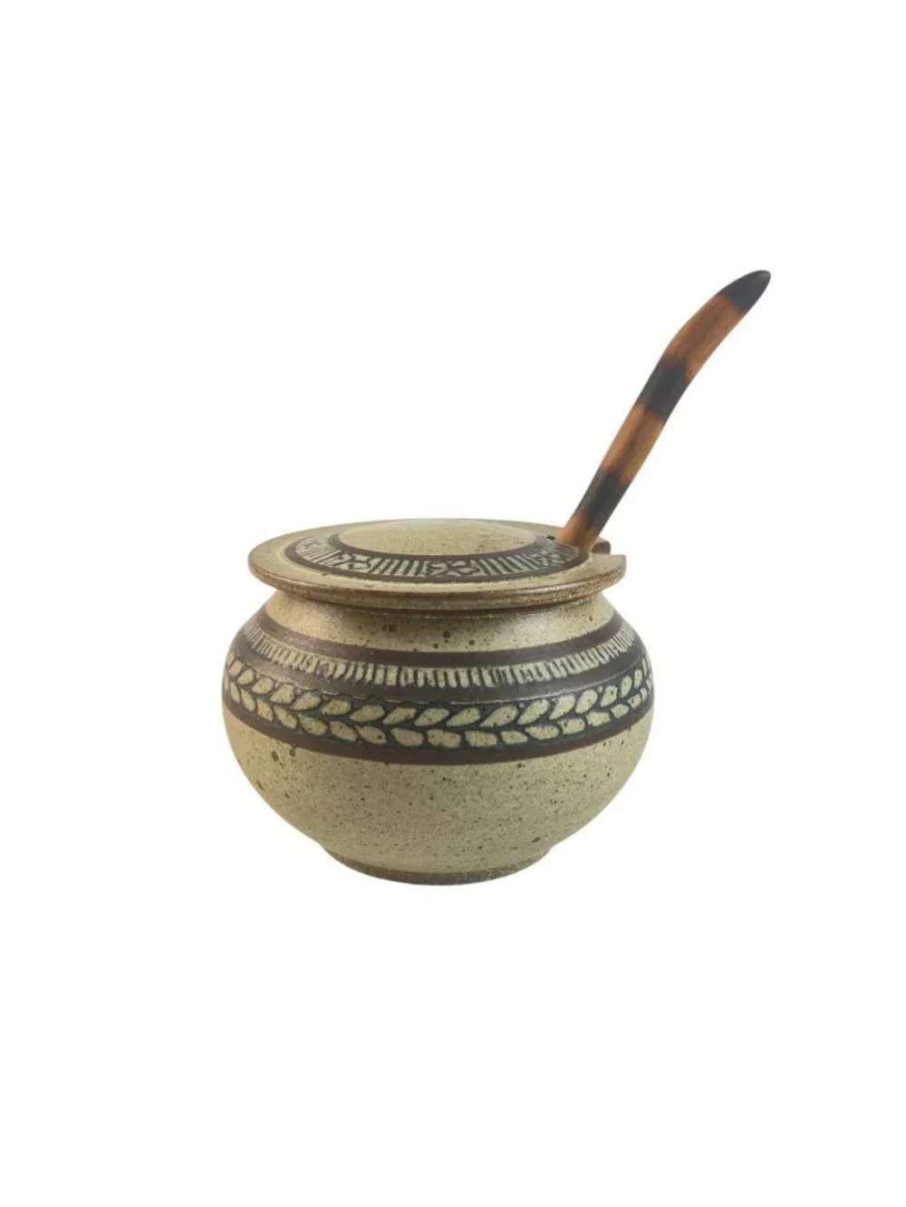 Vintage Studio Pottery Honey Pot, Brown Speckled Stoneware & Cobalt Blue Interio